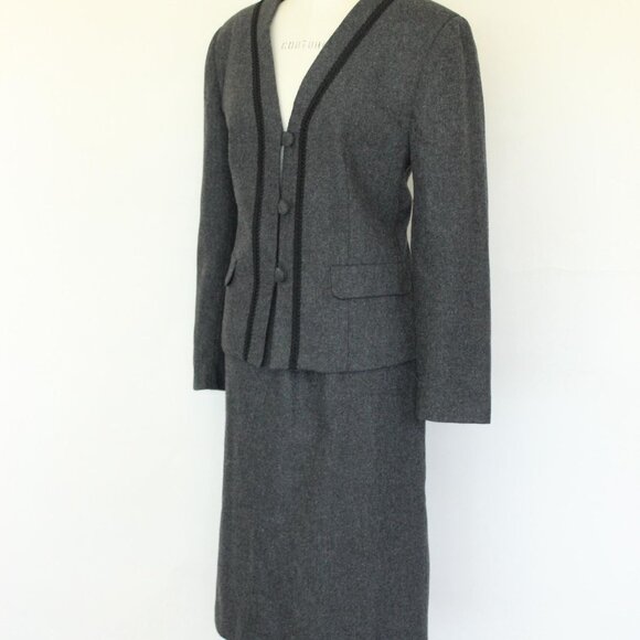Vintage 1980s Womens Suit, Russ Gray Wool Skirt And Jacket, Shoulder Pads Braid - Picture 6 of 10